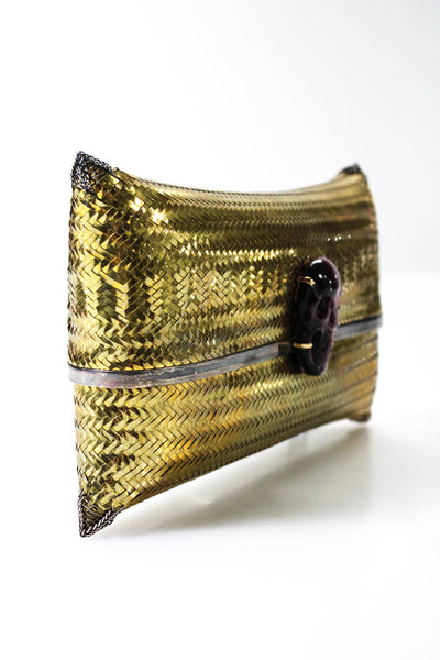 Designer Womens Gold Tone Mesh Structured Crystal Skull Clutch Small Handbag