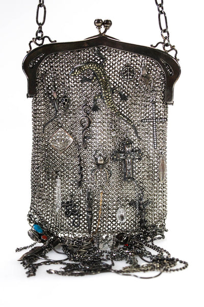 Gunda Womens Metal Chain Charms Structured Shoulder Bag Silver Tone Handbag
