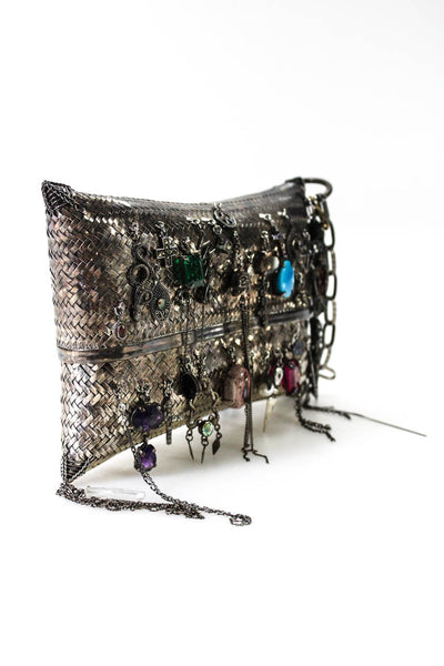 Gunda Womens Mesh Structured Quartz Charms Clutch Silver Tone Small Handbag