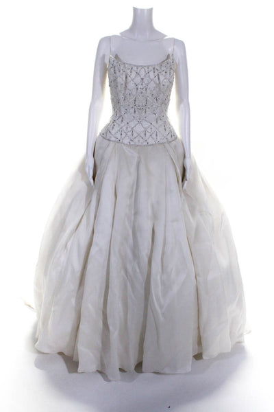 Candace Solomon Couture Womens Beaded Pleated Ball Gown Wedding Dress White 8