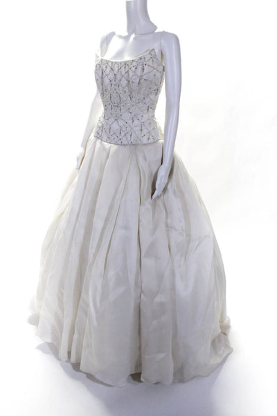 Candace Solomon Couture Womens Beaded Pleated Ball Gown Wedding Dress White 8