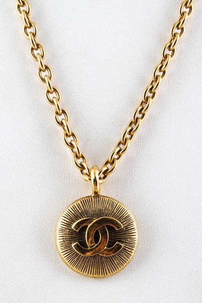 Chanel Vintage Gold Tone Embossed CC Logo Pendant Long Chain Necklace