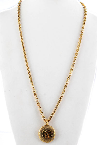 Chanel Vintage Gold Tone Embossed CC Logo Pendant Long Chain Necklace