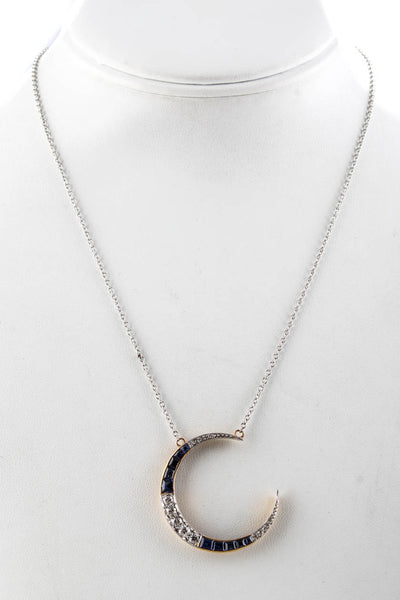 Designer Womens 18kt White Gold Diamond Sapphire Vintage Crescent Necklace
