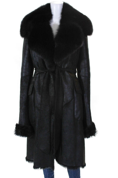 Designer Womens Toscana Shearling Belted Coat Black Size Small