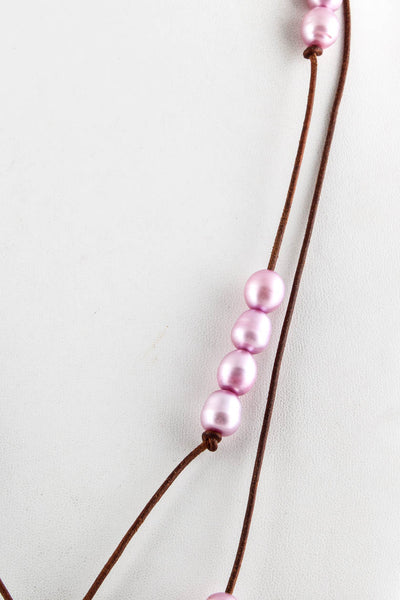 Designer Womens Pearl Leather Long Strand Necklace Pink