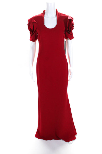 Badgley Mischka Scoop Neck Floor Length Sheath Dress with Rosette Short Sleeves