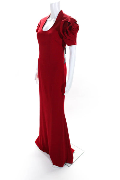 Badgley Mischka Scoop Neck Floor Length Sheath Dress with Rosette Short Sleeves
