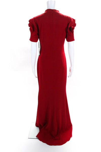 Badgley Mischka Scoop Neck Floor Length Sheath Dress with Rosette Short Sleeves