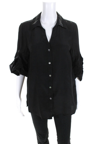 Badgley Mischka Women's Ruffled Half Sleeve Silk Button Up Blouse with Cutaway C