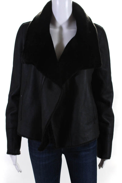 Yves Salomon Womens Hook Front Reversible Shearling Leather Jacket Black IT 36