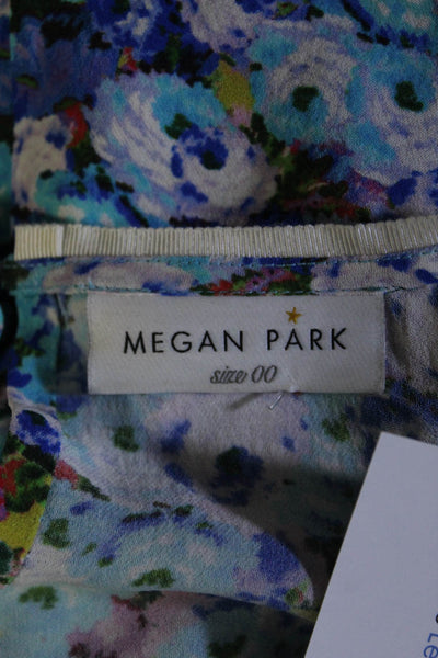 Megan Park Womens Crew Neck Short Sleeve Floral Blouse Blue Size 00
