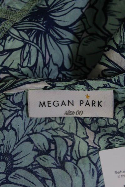 Megan Park Womens V Neck Sleeveless Gathered Floral Blouse Green Size 00