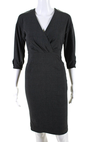 Babaton Womens V neck 3/4 Sleeve Pleated Plaid Pencil Dress Gray Size 00