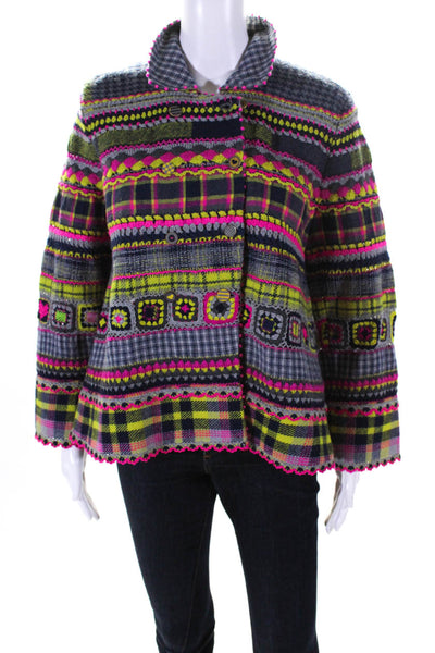 Pero Womens Crocket Plaid Double Breasted Jacket Pink Green Blue Size FR 38