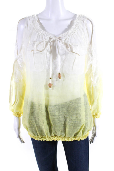 Vanita Rosa Womens Cold Shoulder Tie V Neck Ombre Shirt White Yellow Linen Small