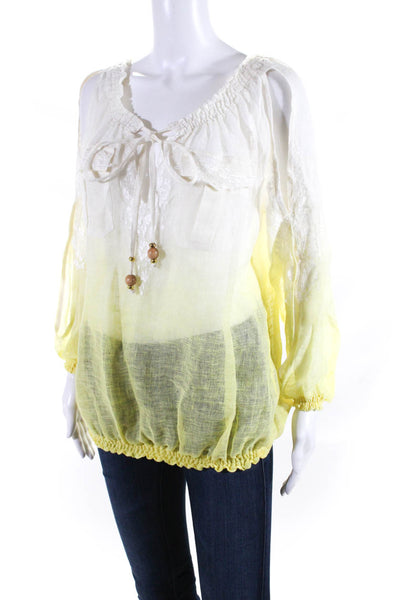 Vanita Rosa Womens Cold Shoulder Tie V Neck Ombre Shirt White Yellow Linen Small