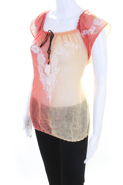 Vanita Rosa Womens Off Shoulder Lace Trim Ombre Shirt Orange Linen Size S/M
