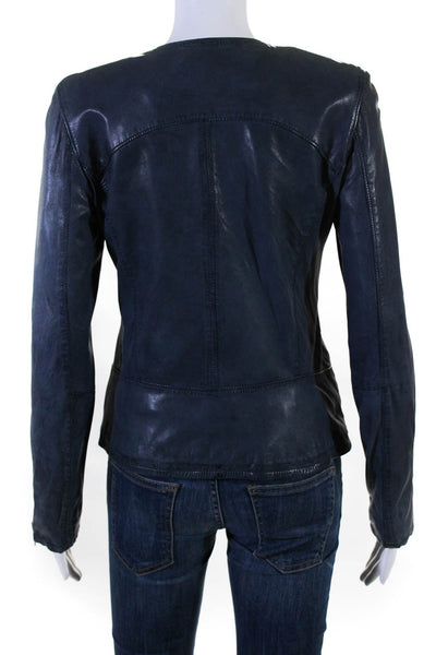 Bully Womens Crew Neck Full Zip Leather Jacket Navy Blue Size IT 42