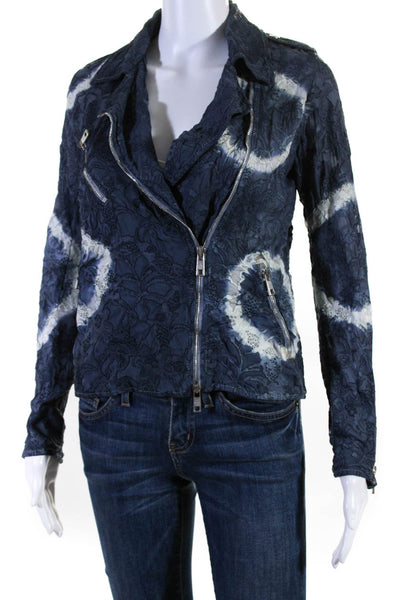 Giorgio Brato Womens Asymmetric Floral Silk Leather Jacket Blue White Size IT 40