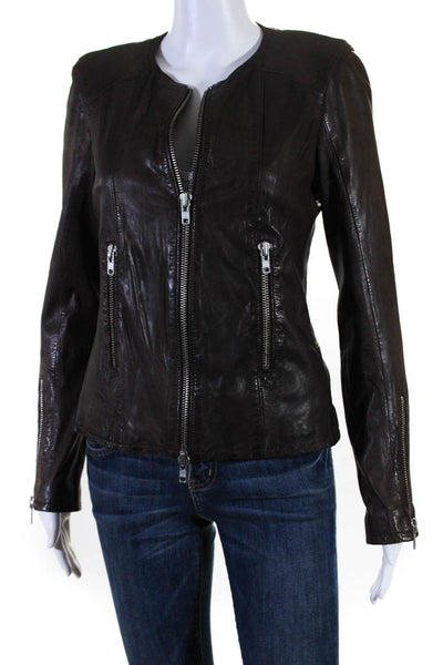 Bully Womens Crew Neck Full Zip Leather Jacket Dark Brown Size IT 42