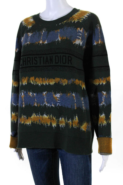 Christian Dior Womens Crew Neck Pullover Sweater Green Yellow Wool Size 8