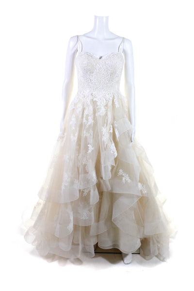 Martina Liana Womens Tulle Lace Beaded Sweetheart Wedding Dress Peach Size 12