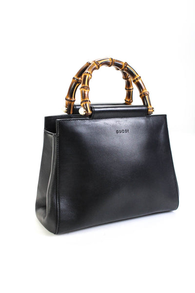 Gucci Womens Bamboo Top Handle Leather Satchel Handbag Black