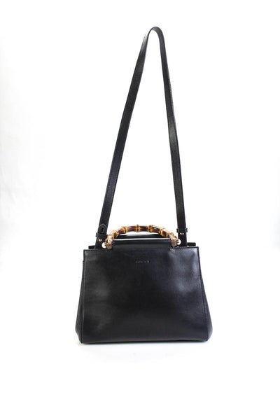Gucci Womens Bamboo Top Handle Leather Satchel Handbag Black