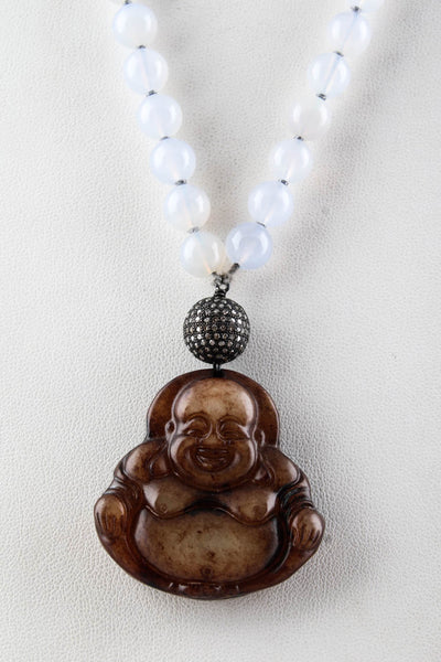 Designer Womens Beaded Quartz Diamond Buddha Pendant Necklace Light Blue Brown