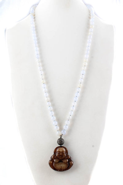 Designer Womens Beaded Quartz Diamond Buddha Pendant Necklace Light Blue Brown