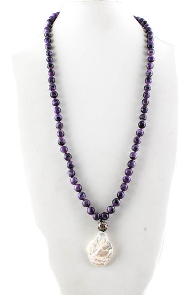 Designer Womens Amethyst Diamond Beaded Buddha Pendant Necklace Purple