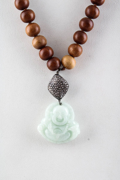 Designer Womens Wood Beaded Diamond Buddha Pendant Necklace Brown Green