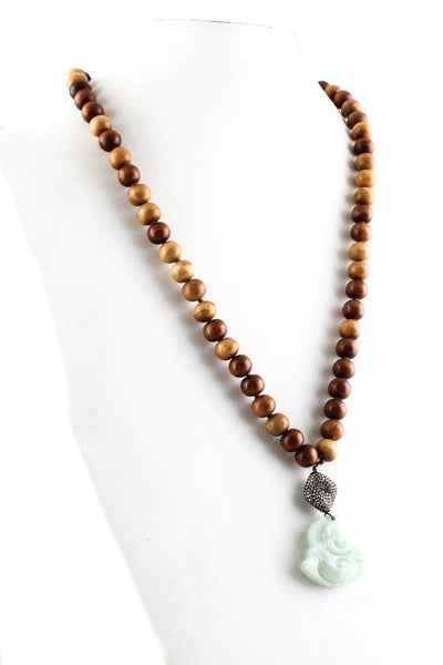 Designer Womens Wood Beaded Diamond Buddha Pendant Necklace Brown Green