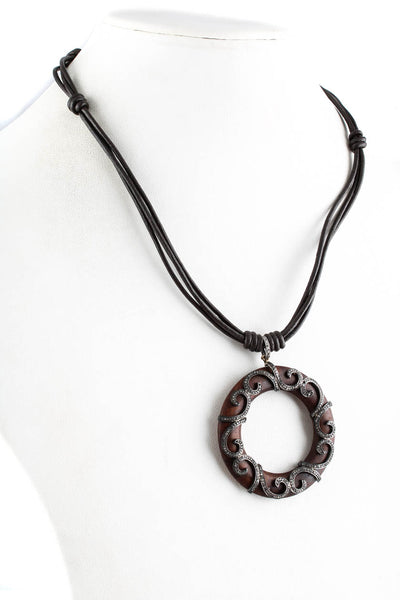 Designer Diamond Embellished Wood Circle Leather Cord Pendant Necklace Brown