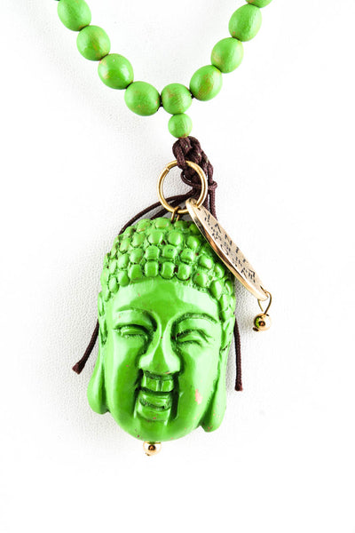 Vanita Rosa Womens Carved Wood Beaded Fringe Buddha Pendant Necklace Green
