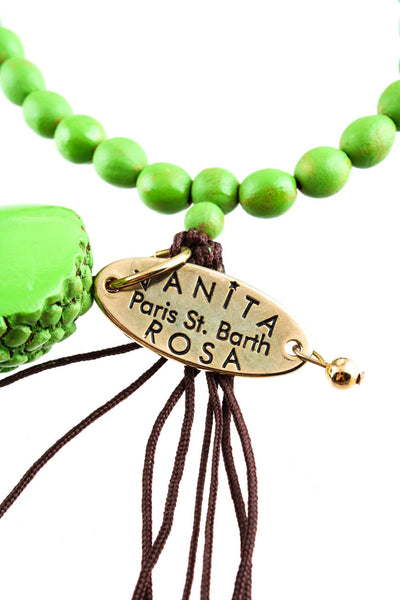 Vanita Rosa Womens Carved Wood Beaded Fringe Buddha Pendant Necklace Green