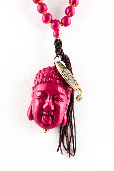 Vanita Rosa Womens Carved Wood Beaded Fringe Buddha Pendant Necklace Pink