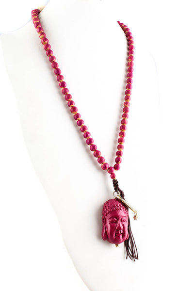 Vanita Rosa Womens Carved Wood Beaded Fringe Buddha Pendant Necklace Pink