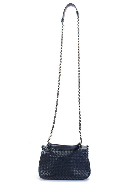 Bottega Veneta Womens Intrecciato Flap Crossbody Handbag Blue Leather