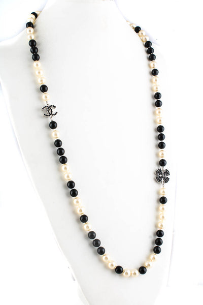 Chanel Womens 05A CC Faux Pearl Beaded Necklace Black White