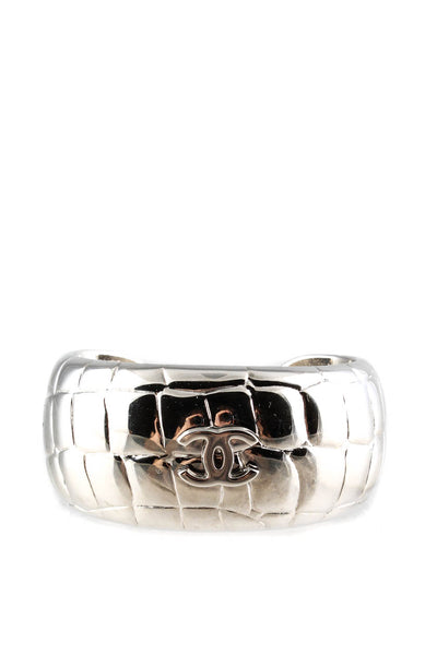 Chanel Womens CC Logo Silver Tone Croc Embossed Cuff Bracelet