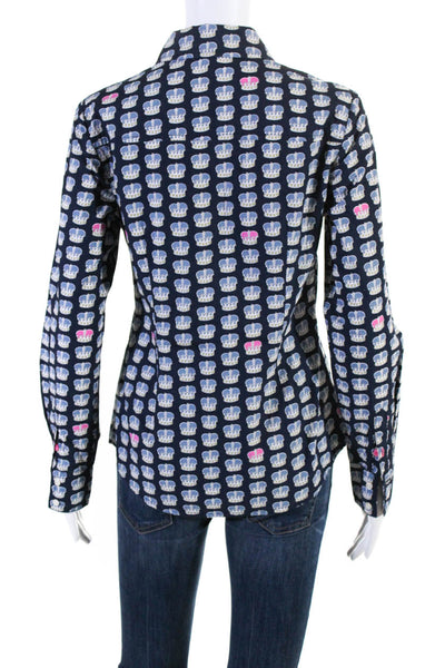 Boden Womens Crown Print Button Down Shirt Navy Blue White Size 4 R