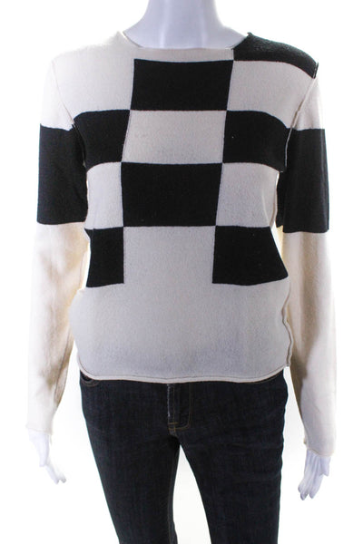 La Fetiche Womens Pullover Crew Neck Checkered Sweater White Black Wool Medium