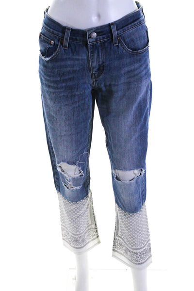 Designer Womens High Rise Distressed Bandana Trim Cropped Jeans Blue White 26