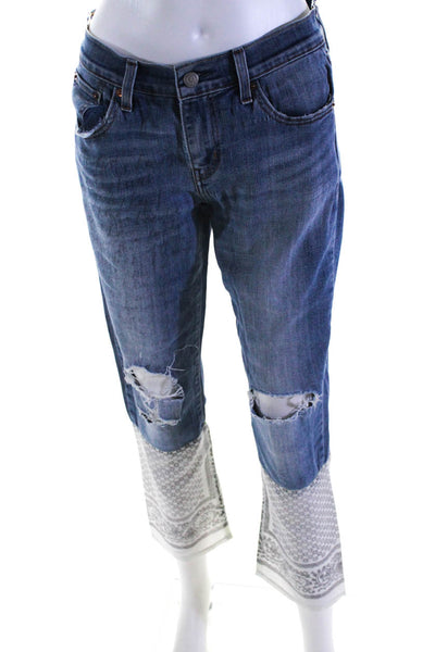 Designer Womens High Rise Distressed Bandana Trim Cropped Jeans Blue White 26