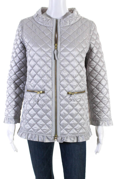 Sara Campbell Womens Quilted Texture Ruffled Jacket Silver Size Large