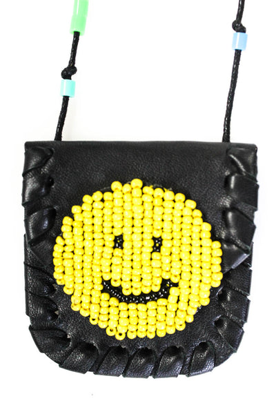 Designer Womens Graphic Smile Face Beaded Ultra Mini Crossbody Handbags Black Ye
