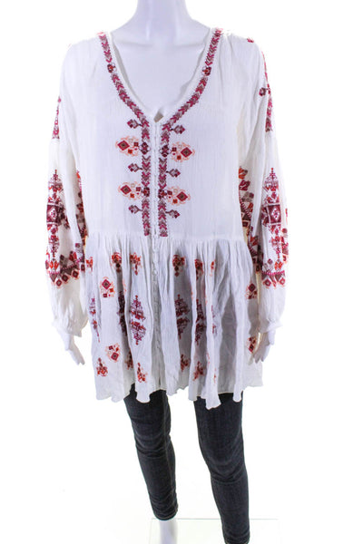 Free People Womens Embroidered V-Neck Tunic Blouse White Pink Size M