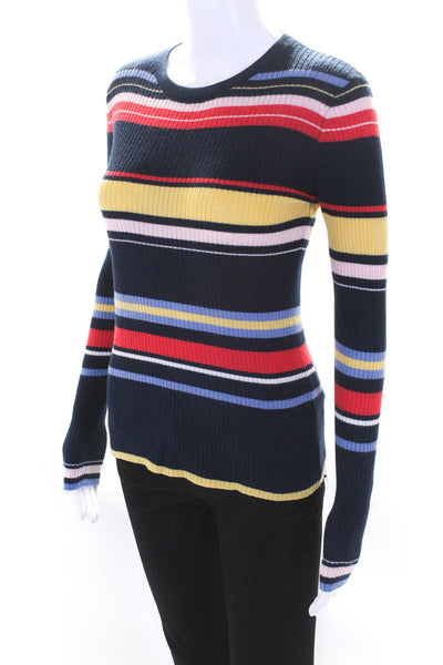 Frame Womens Striped Ribbed Crew Neck Sweater Navy Blue Wool Size Small